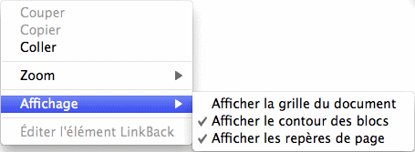 Menu contextuel dans une page de document